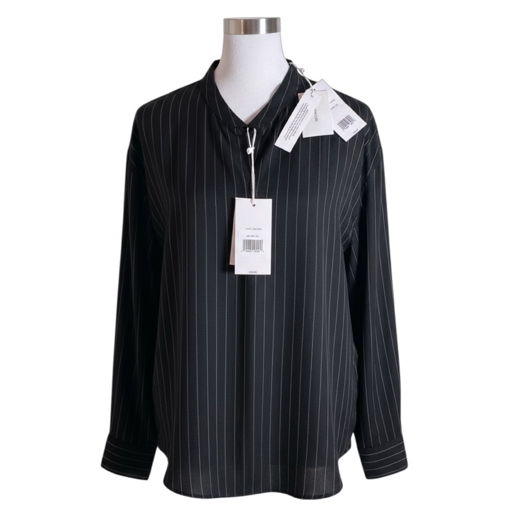 Vince pinstripe band neck collar blouse. Black and White/Beige striped blouse - Picture 2 of 4